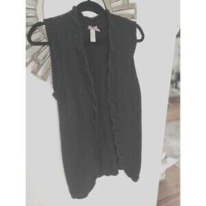 L Down East Long Black Sweater Vest Cardigan Boho casual, knit‎ edge detailing